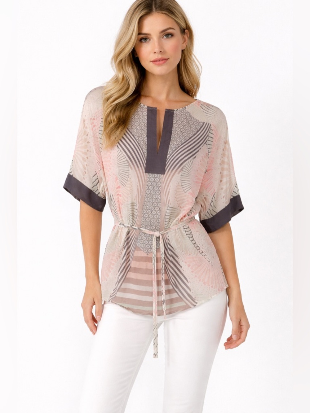 Chiffon Geometric Print Tie-Waist Blouse in Pale Pink and Gray